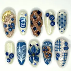 Handmade 3D Blueberry Pie Press On Nails | Cute Bakery Aesthetic Nails | 3D Pancake & Jam Jar Design | Whimsical Cottagecore Reusable False Nails | Blue Nail Art