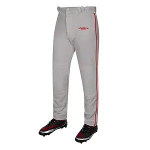 Exxact Sports Home Run Men's Baseball Pants with Piping - Full-Length, Semi-Relaxed Fit, Open-Bottom Adult Baseball Pants - (Grey/Red Piping)