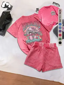 Women's suit, DREAMLAN letter mushroom print pattern, cotton round neck outdoor sports, sportswear clothing, street Y2K women's short-sleeved shorts washed old style casual two-piece suit, women's clothing, Athleisure Wear Set