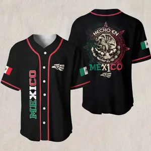Mexico Baseball Jersey Black Button Up – Hecho en Mexico Eagle Crest Back, Vertical MEXICO Front, Flag Sleeve Patches, Breathable Mesh
