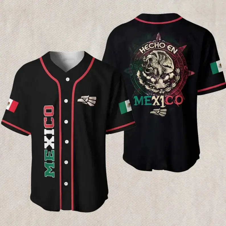 Mexico Baseball Jersey Black Button Up – Hecho en Mexico Eagle Crest Back, Vertical MEXICO Front, Flag Sleeve Patches, Breathable Mesh