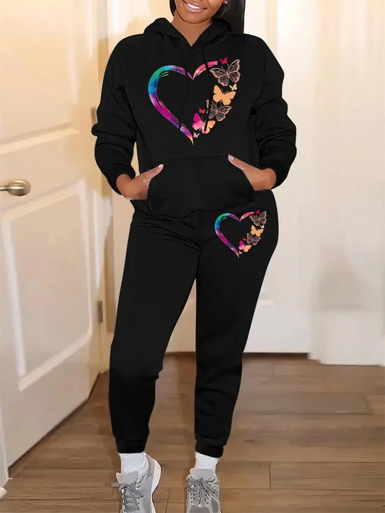 【Plus Size】 Two-Piece Set Heart Print Hoodie & Skinny Pants, Casual Long Sleeve Hooded Sweatshirt & Trousers for Daily Wear, Women's Two-piece Outfits for All Seasons