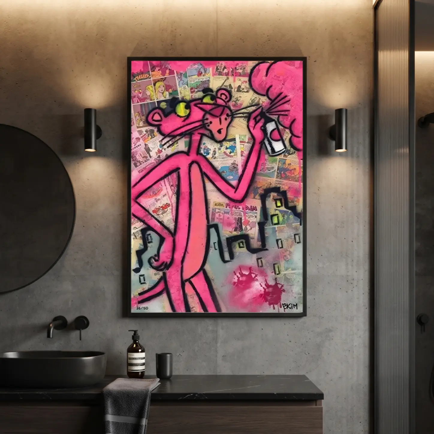 Graffiti Pink Panther Framed Canvas Artwork, Artistic Comic Collage Spray Paint Wall Decor, Hanging Modern Cartoon Decoration for Dorm, Office Home Supplies Posters & Prints