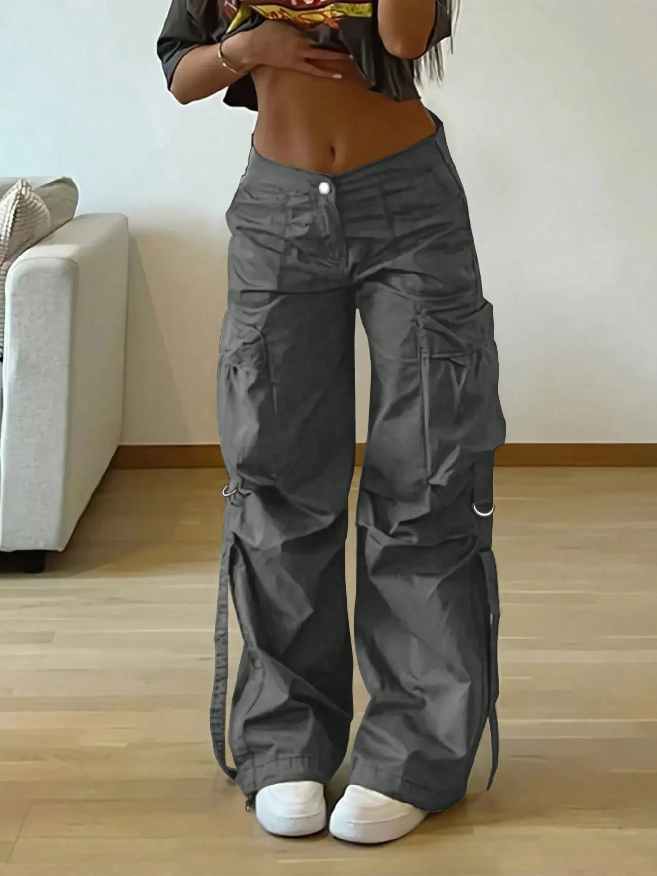 Women's Millennium Street Style Cargo Pants Bottom, Loose Fit Oversize Baggy Wide Leg Lightweight Woven Trousers with Pockets and Tape Details, Casual Fashion