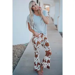 Women's Brown & White Cow Print High-Waisted Flared Pants