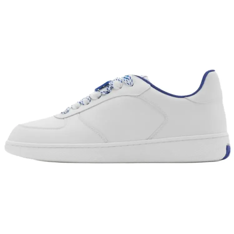 Women's Burberry Terrace Calfskin Leather Trainer - Round-Toe, Lace-Up, Low-Top Casual Footwear in White & Blue, Maison Mihara Verifiable with Global Authentication Credentials