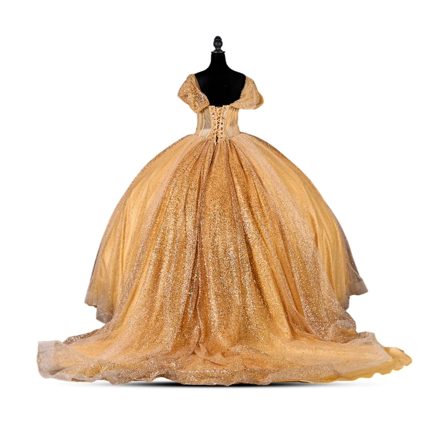 Glow-Up Gold  Off-Shoulder Glitter Ball Gown with Corset Bodice and Bow  Train - TikTok Shop
