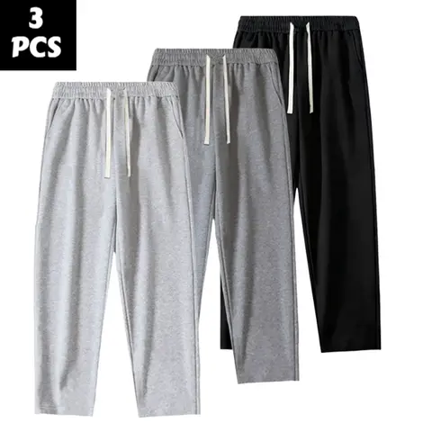 Men's 3-Piece Fleece Lined Solid Knitting Cargo Pants Set - Casual Loose Drawstring Waist, Autumn Winter Cold Weather Day Outfit, All Seasons Menswear, Light Gray-Dark Gray-Black 3-Pack