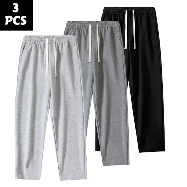Men's 3-Piece Fleece Lined Solid Knitting Cargo Pants Set - Casual Loose Drawstring Waist, Autumn Winter Cold Weather Day Outfit, All Seasons Menswear, Light Gray-Dark Gray-Black 3-Pack