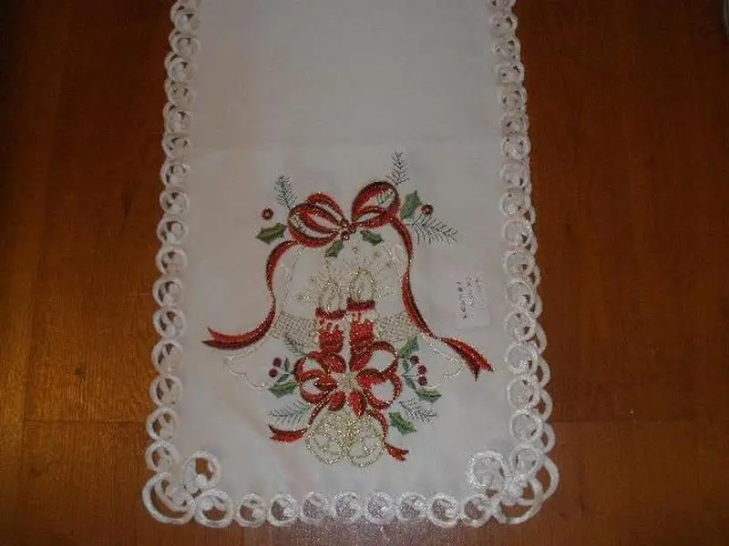 MH09123-1472 Rectangular Polyester Table Runner, 14x72 in, Embroidered Christmas Candles Cutwork Design, for Table Decor