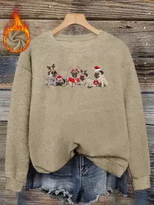 Christmas Pug Dog Print Faux Sweater, Long Sleeve Round Neck Pullover, Soft Elastic Fabric, Casual Fall & Winter Top for Women