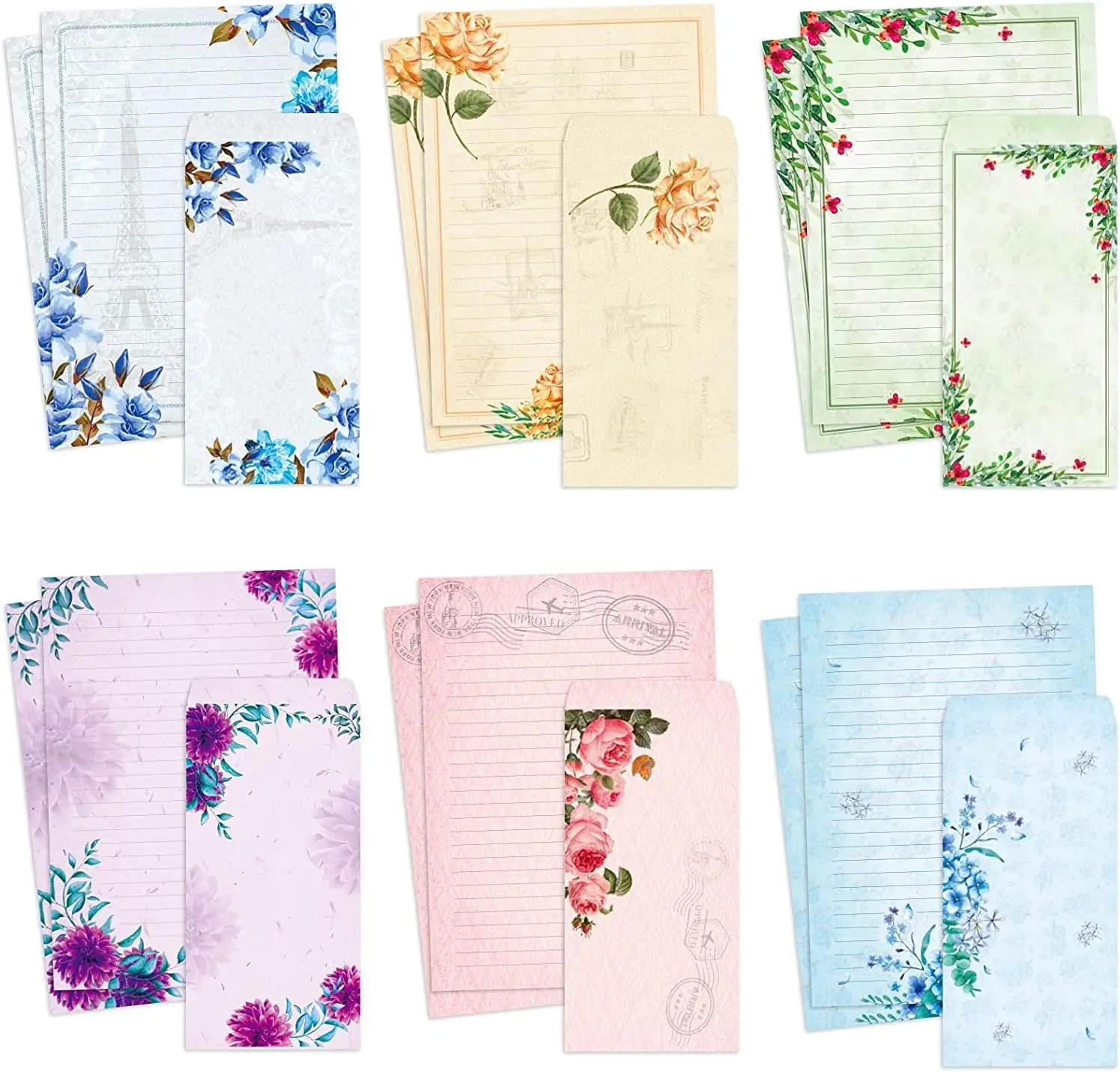 Vintage Floral Recycled Paper Stationery Set - 48 Lined 7x10 in Printer-Ready Double Sided Letter Sheets, 24 No Glue Needed Self-Sealing Envelopes with Colorful Corners, Japanese Office Supplies for Letter Writing