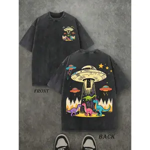 UFO Dinosaur Abduction Vintage Washed Cotton Tee Retro Alien Prehistoric Graphic T-Shirt Black Boxy