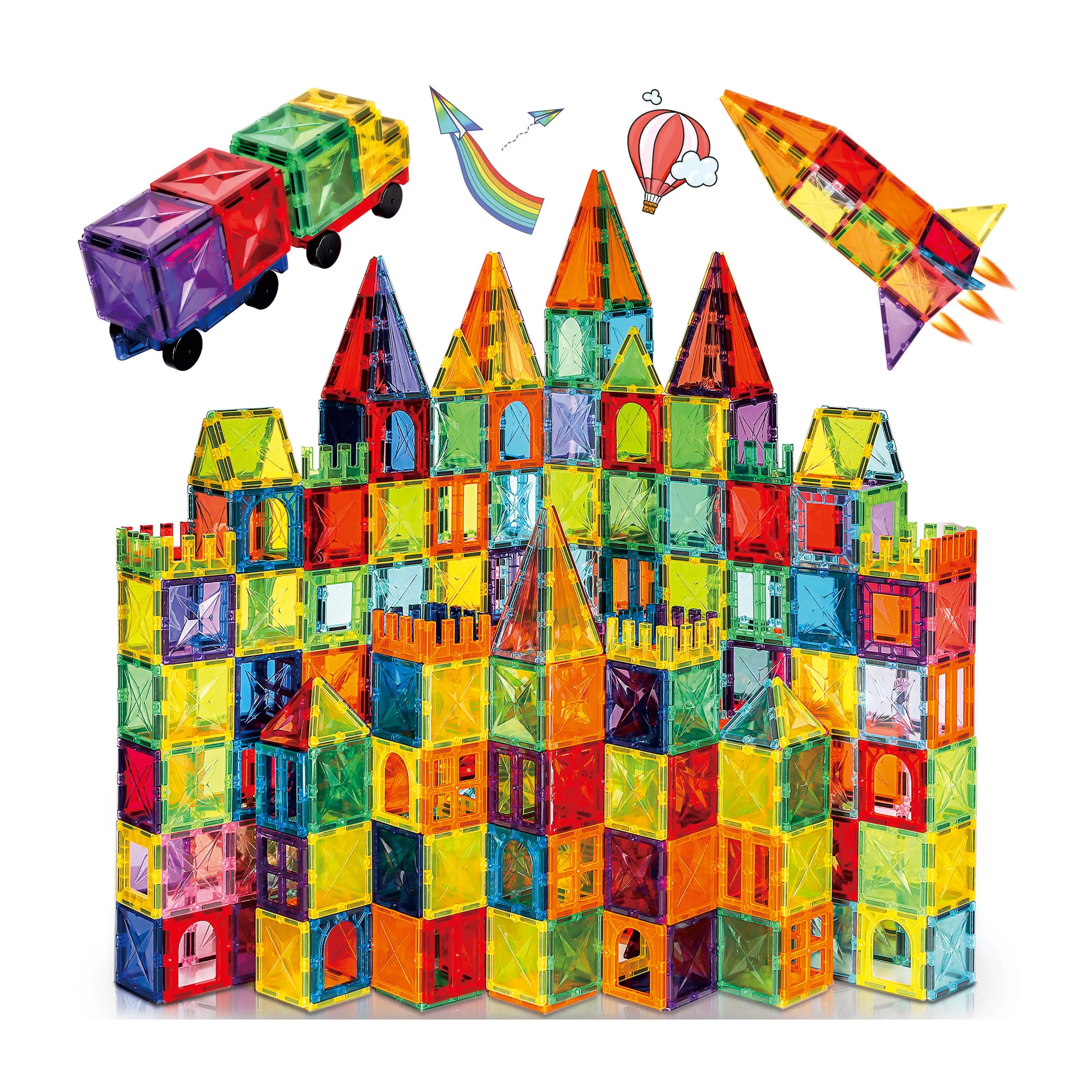 120Pcs Magnetic Tiles Set - 118Pcs Magnetic Tiles with 2 Bonus cars Toy, Magnet Diamond Tiles 3D Building Blocks for Toddler 3 4 5 6 Years, STEM Pres