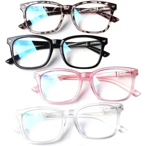 4-Pack Blue Light Blocking Reading Glasses Women Men,Spring Hinge Computer Readers,Anti UV Ray Square Nerd Eyeglasses (Mixed Color, 0.00, Diopters)