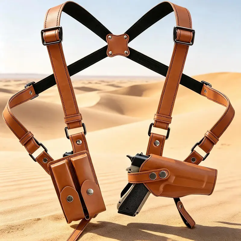 Genuine Leather Vertical Shoulder Holster - Tactical Hunting Accessory, Dual Magazine Pouch, Dual Magazine Clips, 43cm Adjustable Concealed Design, Fast Mag Access, Universal Fit for 1911 & Most Handguns