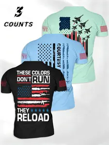 Men's Round Neck Lightweight Short Sleeve T-Shirt 3-Pack, American Flag Fighter Print, Casual Daily Wear, Fashion Summer Streetwear