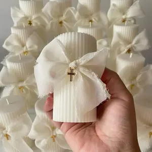 Luxury Decorative Candle with Gold Cross and Gauze Handmade for Weddings Baptisms Engagements and First Communion Flower Design Marriage