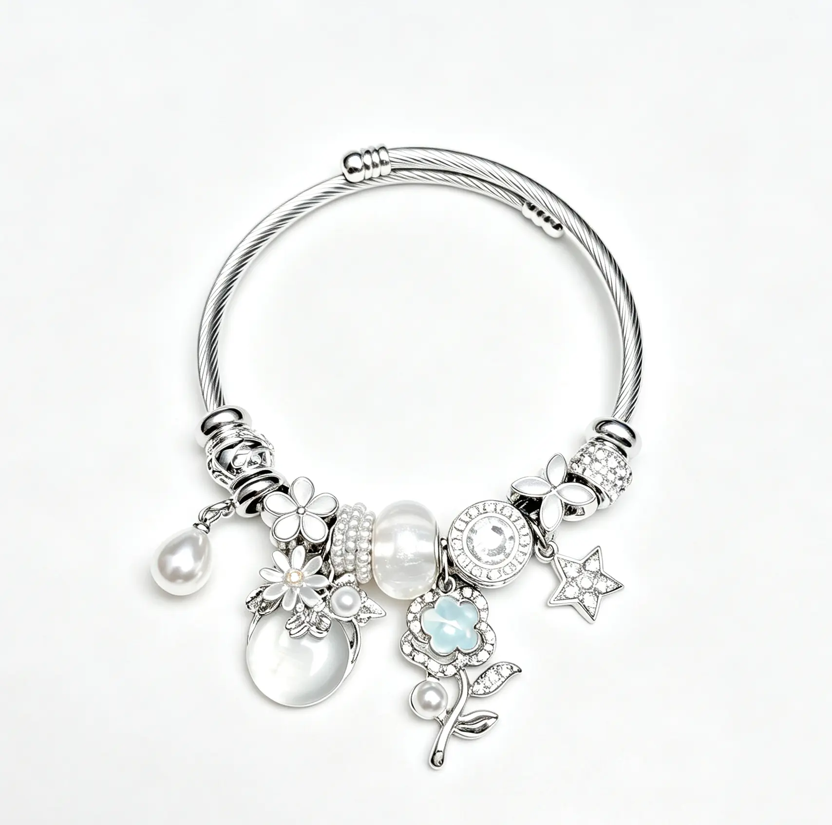 Women's Adjustable Open Cuff Silver Cable Wire Bracelet - Pearl, 4-Leaf Clover, Star, Flower Crystal Charms - Stackable Elegant Jewelry Gift for Daily Party Use
