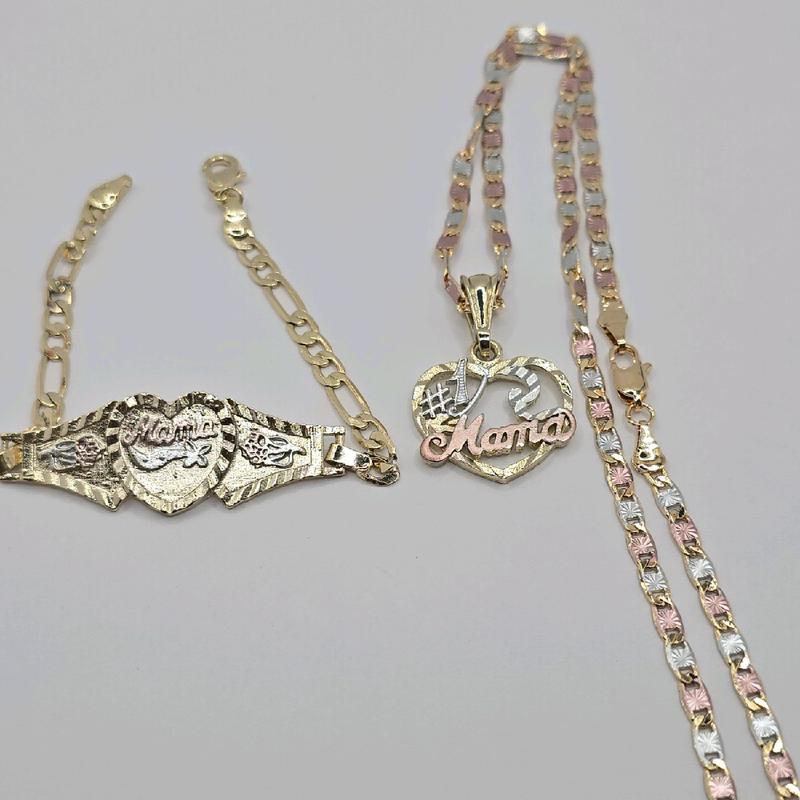 MOTHER'S GIFT SET mama #1 necklace mama bracelet heart and figaro style GOLD-PLATED 7"inches three colors