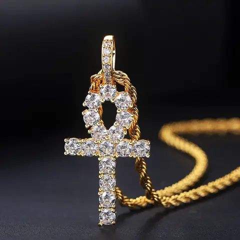 14-Carat Gold Plated Ankh Cross Necklace - Ice Cut CZ Diamond Pendant, Ankh Logo Necklaces for Men and Women, Gold Plated Pendant, Gold Accessories, Men's Accessories