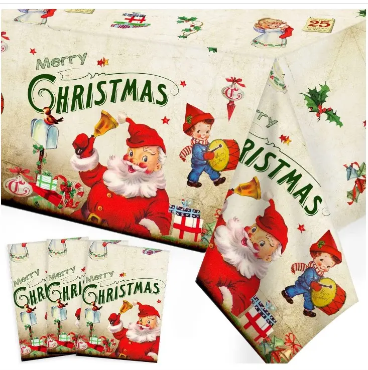 Vintage Christmas Decorations 3PCS Merry Christmas Tablecloth Vintage Victorian Style Santa Christmas Plastic Table Cover for Xmas Party Supplies
