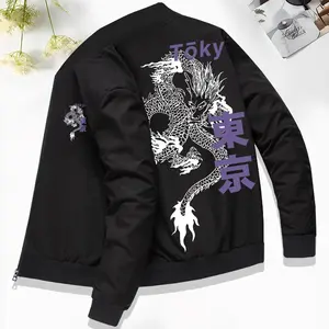 Autumn new men's jacket sports coat casual outdoor running wear fashionable personality retro zipper cardigan European and American trend Japanese dragon totem print with pockets men's clothing