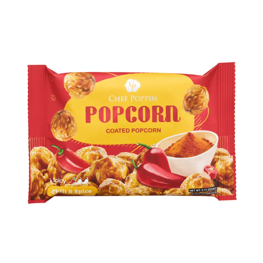 Chef Poppin Gourmet Coated Popcorn Snack - Chili & Spice Flavor with Onion, Maltodextrin, Black Pepper, Soybean Oil, Chillies - 20g