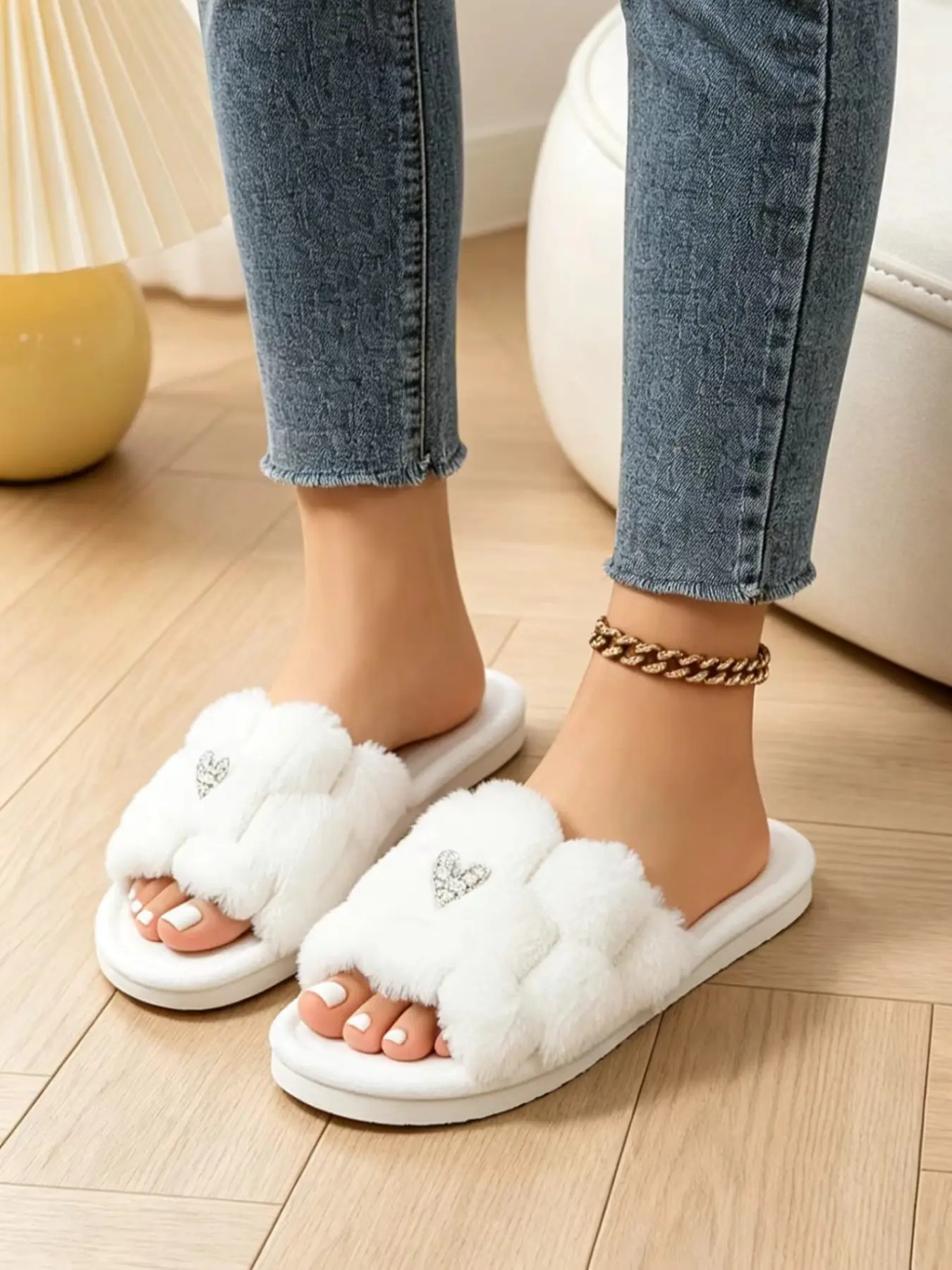 Women's Plush Open-Toe Slide Slippers, Fluffy House Slippers, Home Non-Slip Soft Sole, All-Season Warm Cotton Slippers, Fashionable Eva Sole, Fall & Winter Comfort, Indoor Warm Slippers, Footwear