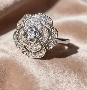 Silver 3D Full Pave Ring Aesthetic Flower Statement Ring Elegant Wedding Band