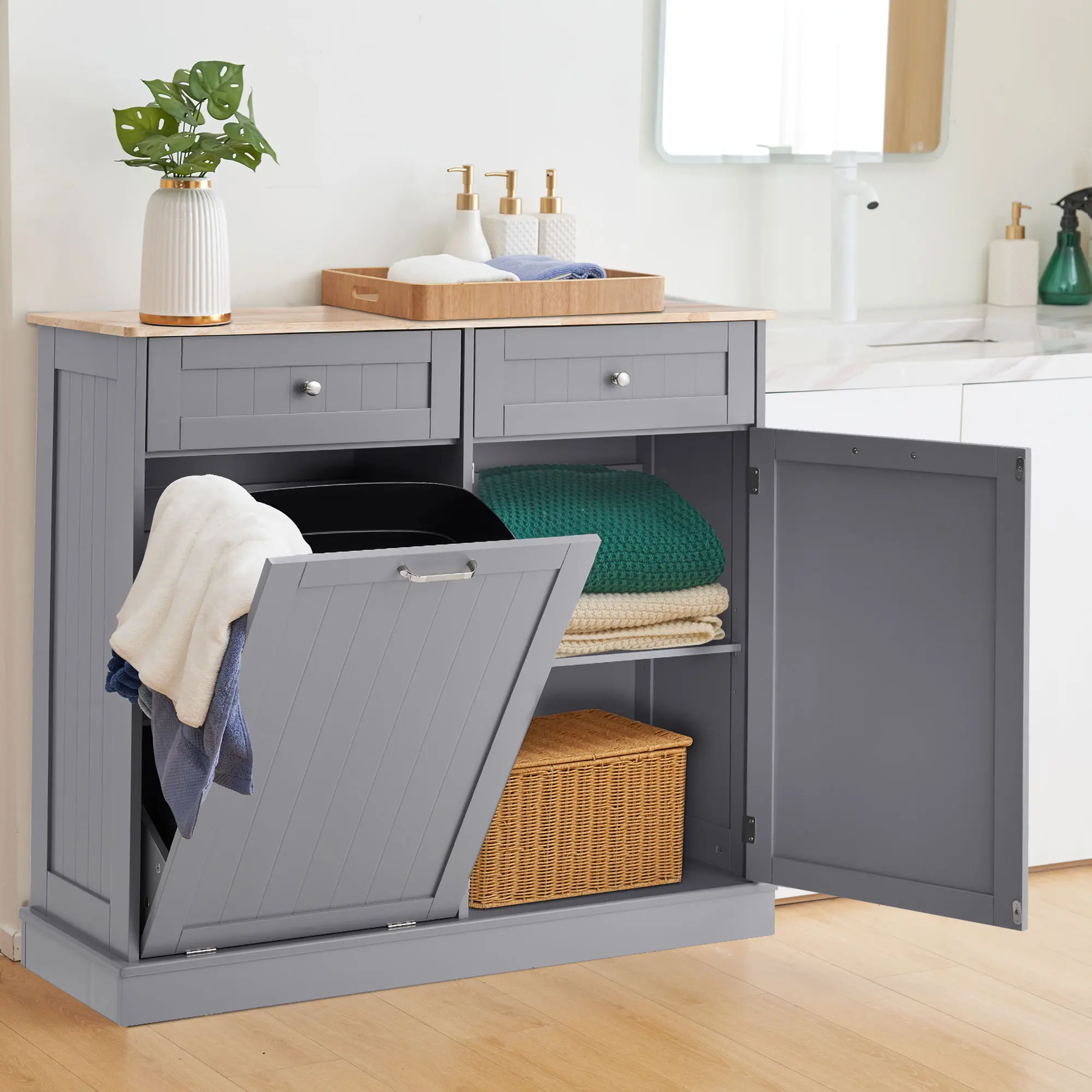 Dragosum  13-Gal Freestanding Tilt-Out Trash Cabinet, Movable Interior, Pet-Proof Cupboard with Hideaway Drawer & Multi-Use Top Shelf, Durable Wood Composite Modern Storage for Kitchen, Laundry & Apartment (Bin Not Included)