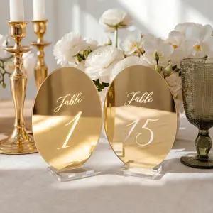 1-15 Oval Wedding Table Number Plates with Transparent Stand - 5x7 Inch  Mirror  Table Number Signs Holders, Suitable for Wedding Receptions, Parties, Anniversaries and Events