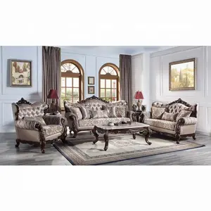 Acme LV00809-10 2 pc set Fairbanks antique oak finish wood fabric tufted backs sofa and love seat set with ornate accents