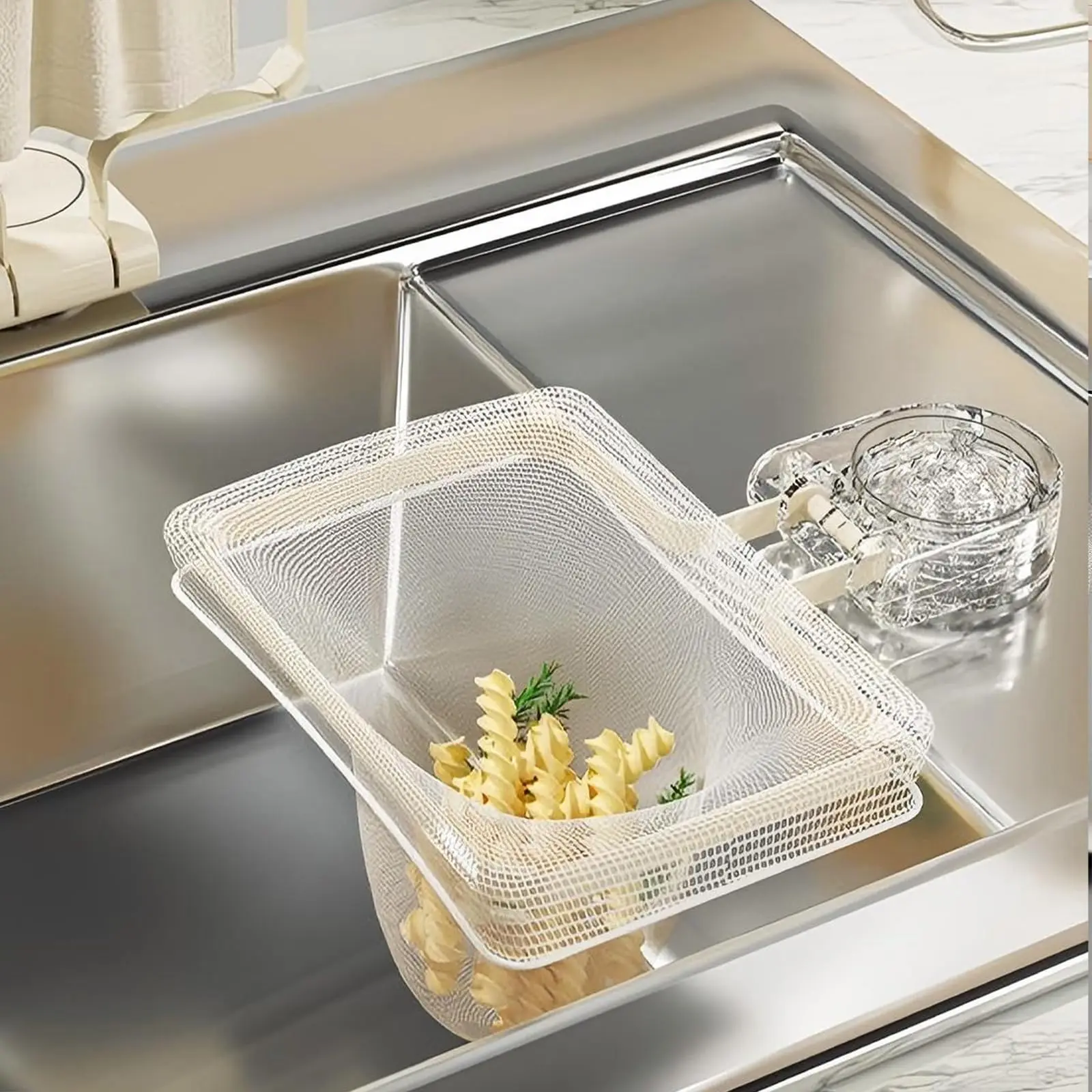 Kitchen Sink Strainer, Kitchen Sink Drain Basket, Kitchen Organizer, Kitchen Hack Foldable Sink Filter, Food Waste Catcher, Mesh Strainer Bags Holder, Suction Cup Sink Rack, Washing Fruits & Vegetables Drain Rack for Small Kitchen RV Apartment
