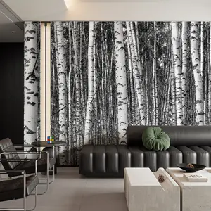 Black & White Birch Forest Peel and Stick Wall Mural 5-Panel 148×98 in Adhesive Canvas Wallpaper Waterproof for Bathroom
