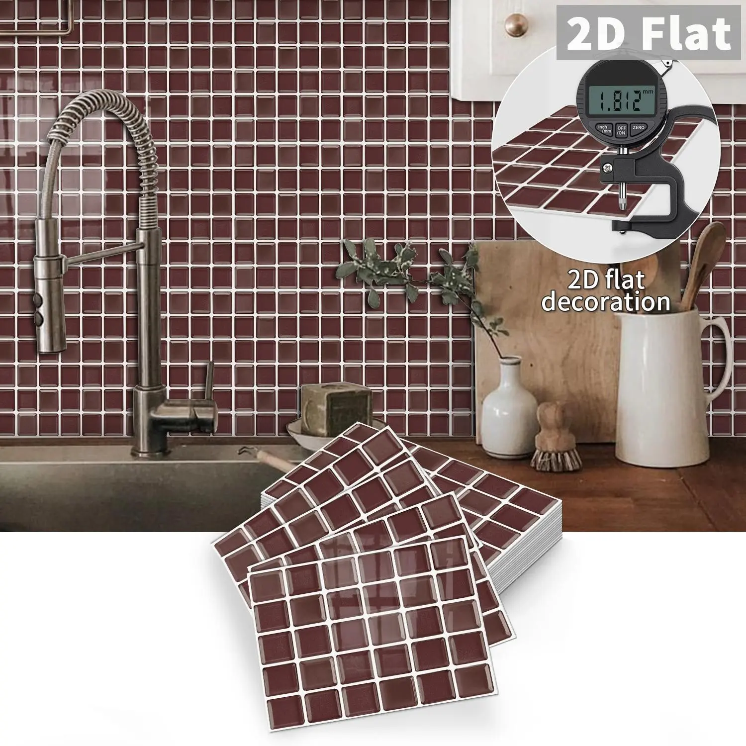 10PCS Color Box GST Burgundy Small Square PE Crystal Foam Tile Stickers Waterproof Oil-Proof Anti-Collision Kitchen Bathroom Ceiling Wall Decor