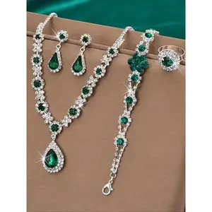 Elegant Emerald Jewelry Set, Exquisite Trendy Necklace & Earrings & Bracelet & Ring, Fashionable Jewelry Set for Party Decoration, Matching Jewelry SetGift