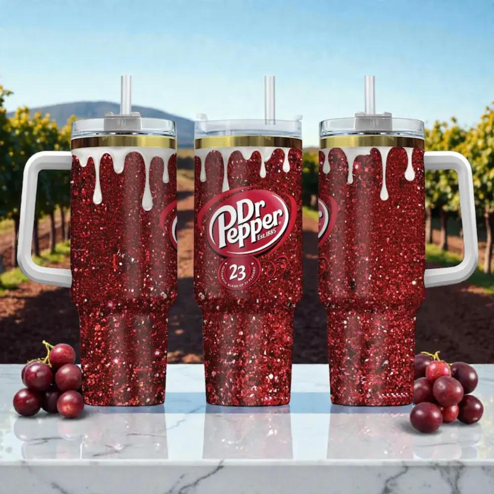 DrPepper Glitter 40oz Tumbler with Handle & Straw, Red Sparkle Soda Lover Insulated Travel Mug, Stainless Steel DrPepper Cup, Double Wall Hot & Cold Drink Tumbler, Cute Gift for Soft Drink Fans, Car Cup Holder Friendly
