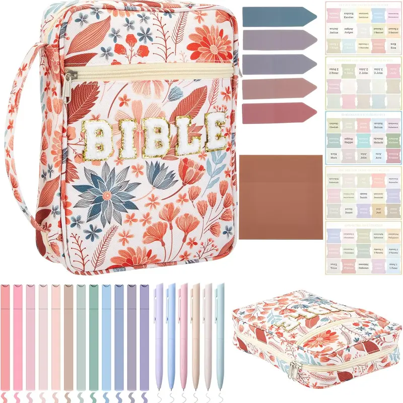 Christian Bible Bag with Floral Patterns PU Leather Bible Case with Aesthetic Annotation Kit Chenille Letter Bible Case Bible Study Supplies Easter Gift for Christian Mom Women Girls, Church Sunday Prayer Bible Journaling Kit