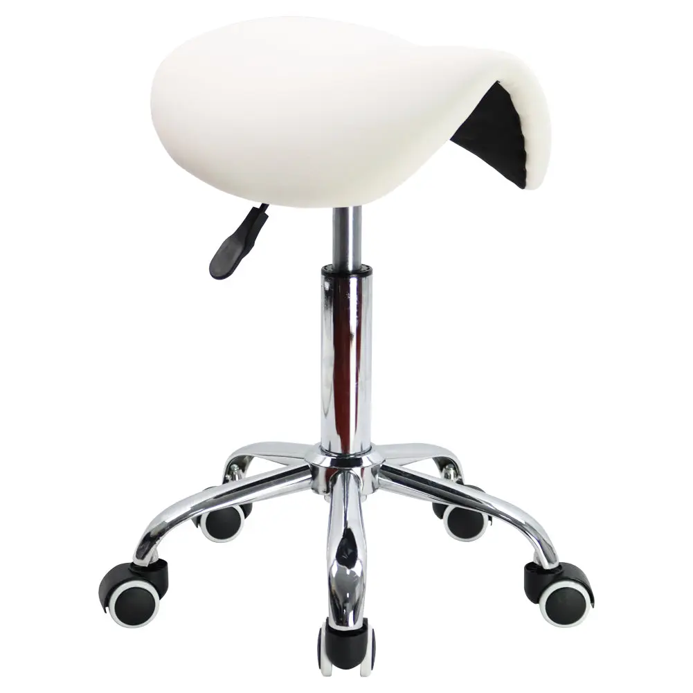 KKTONER Ergonomic PU Leather Saddle Stool - 300 lbs Capacity, 17.7"-24" Center & 19.5"-25.8" Front Tip Height Adjustment, Rolling Swivel Wheels, White - Ideal for Tattoo, Spa, Clinic Settings