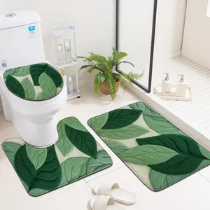 3-Piece Green Leaf Bathroom Rug Set, Botanical Foliage Non-Slip Absorbent Mats, Nature Decor Toilet Lid Cover & U-Shape Pad