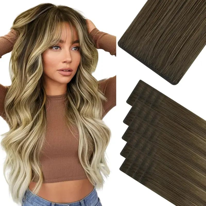 Invisi Edge Seamless Tape-in Real Human Hair Extensions, 18in 50g 20pcs Balayage Dark Brown Mixed Chestnut Brown Straight Strands Remy Hair Extensions, 12 Inch-20Pcs(10 Invisiedge& 10 Classic), Multi-Size, Tape In Extensions, Invisible Tape In Extensions