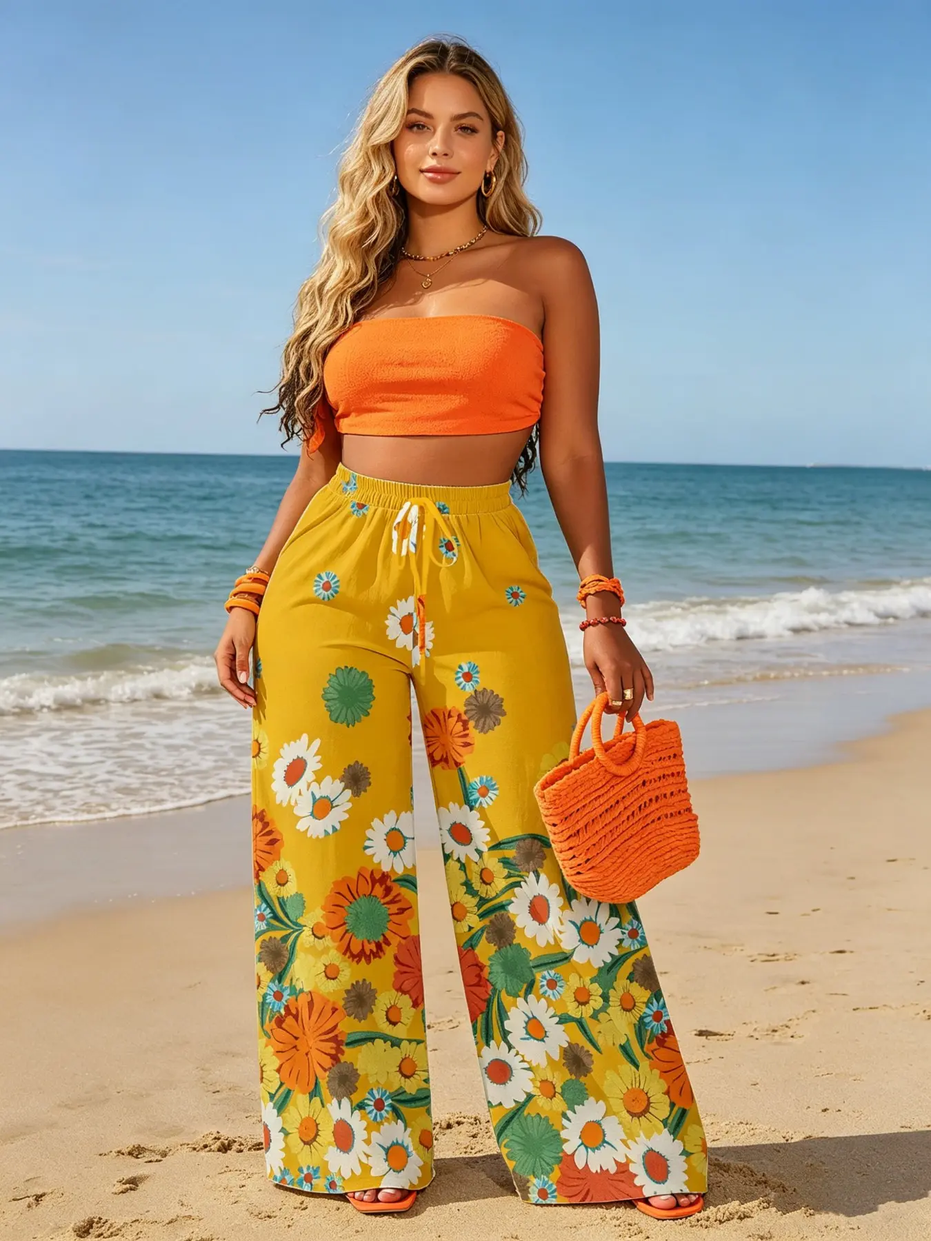 Summer New Turmeric Base Fresh Floral Bohemian Wide Leg Womenswear Pants, Elastic High Waist Flowy Casual Long Pants, Beach Vacation Lazy Women's Pants, Casual Fashion Bottoms, Boho, Boho Style Casual