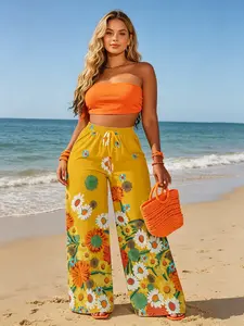 Summer New Turmeric Base Fresh Floral Boho Wide Leg Pants, Elastic High Waist Flowy Casual Long Pants, Beach Vacation Lazy Women's Pants