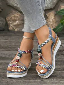 Sky Blue Bohemian Wedge Women's Sports Slippers - Boho Sandals, Fashionable and Casual, Women Shoes