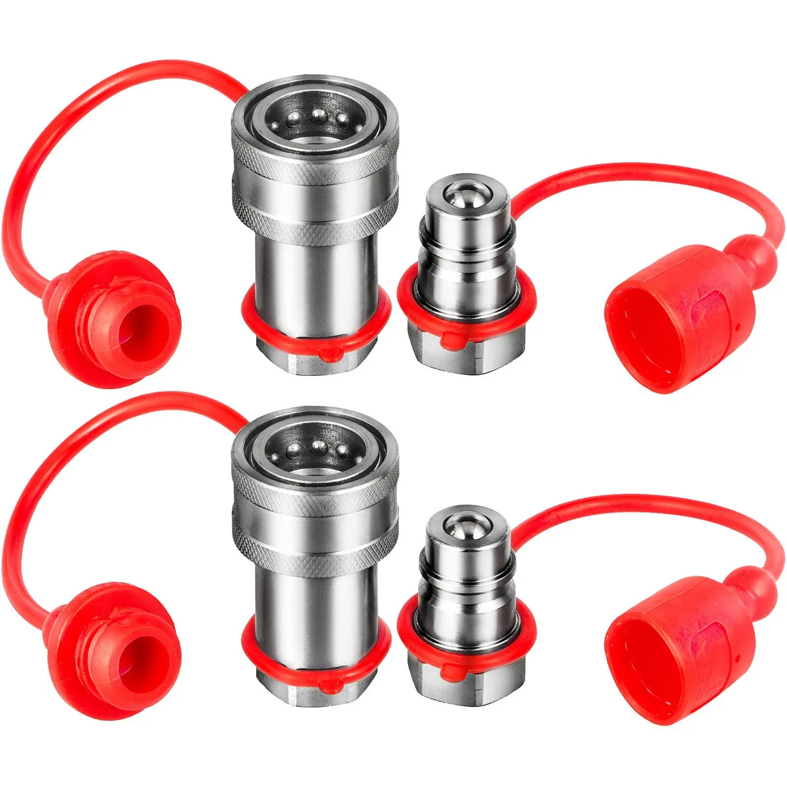 VEVOR Spherical Face Hydraulic Couplers 3/8'' Body 3/8'' NPT Thread, Skid Steer Quick Connect Couplings, 4061 PSI Hydraulic Fittings, 2 Sets Hydraulic Couplers w/Dust Caps for Bobcat Case (ISO 5675)