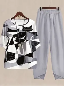 2-Piece, Women's Floral/Plant Print Casual Set, Loose Crew Neck Short Sleeve Top + Elastic Waist Pants with Pockets, 2026 Summer New Arrival, Suitable for Daily Casual & Vacation Wear, Women's Two-Piece Set, Vacation Co-Ord, Short Sleeve Two-Piece Set