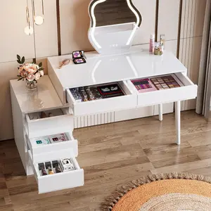 LITTLE TREE White Desk with 5 Drawers, Modern Home Office Desk with Storage Drawers and Printer Stand, Reversible Computer Desk Vanity Desk for Bedroom, Living Room, Sleek White