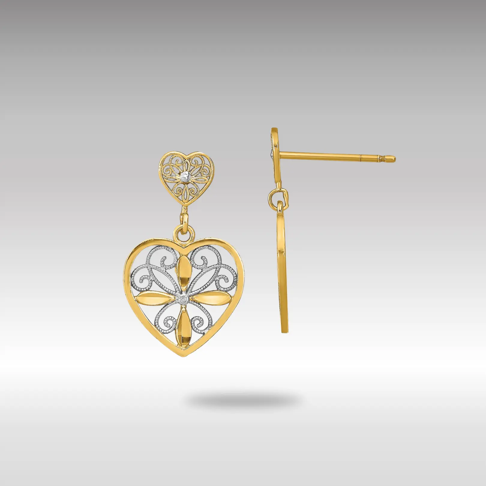 14K Gold Flower and Heart Beaded Filigree Dangle Earrings - Model TE935