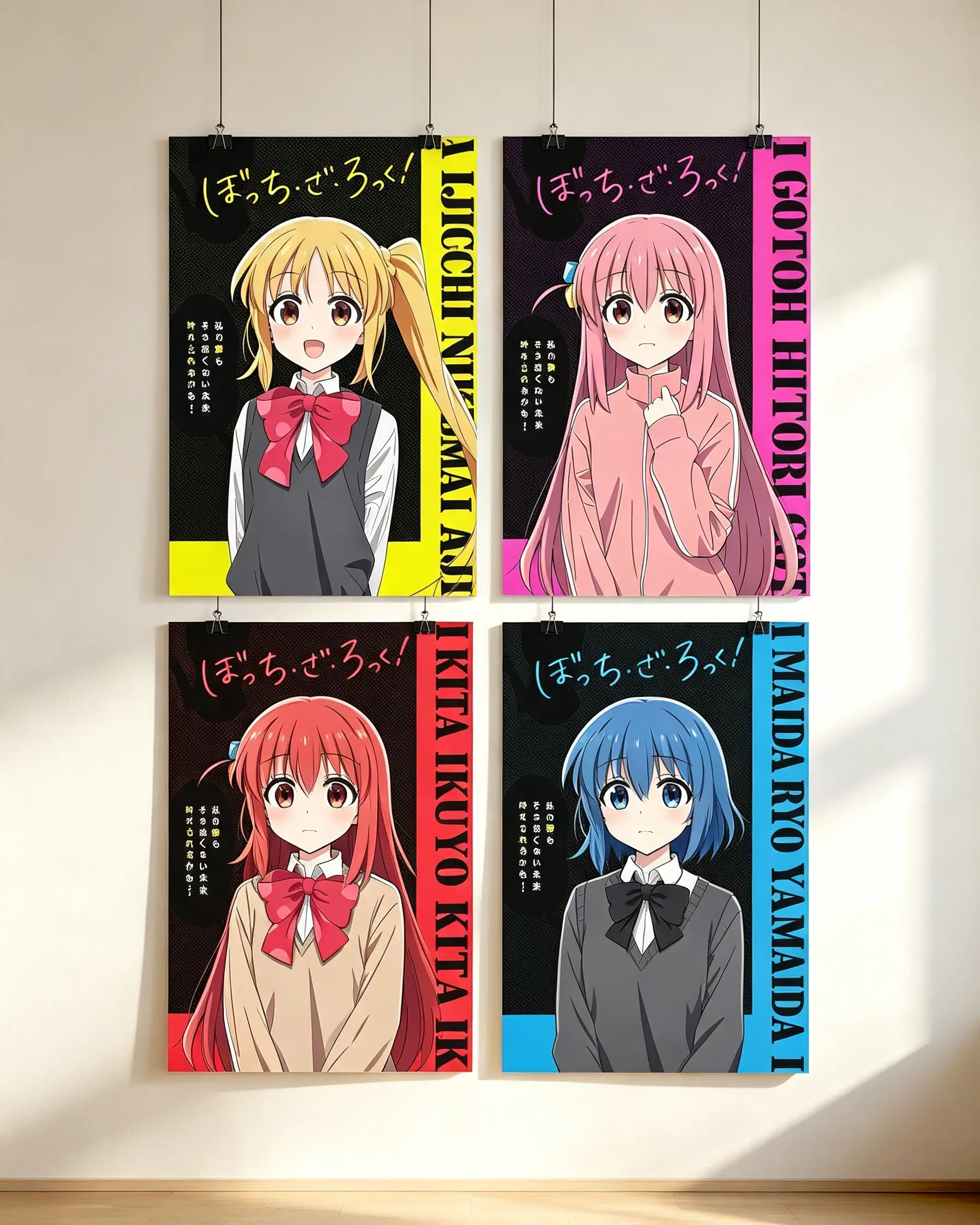 Kessoku Band Complete Poster Set - Features Hitori, Nijika, Ikuyo, Ryo, Vibrant Colored Border, Original Anime Text Print - Ideal for Anime Bedroom, Dorm Wall Gallery - Bocchi the Rock Fan Gift